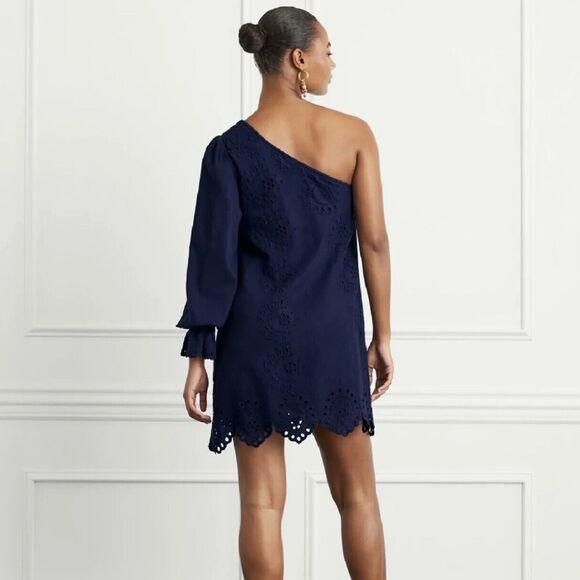 Hill House The Mila Dress Linen Navy Blue Eyelet Mini One Shoulder Small NWT - Picture 2 of 10
